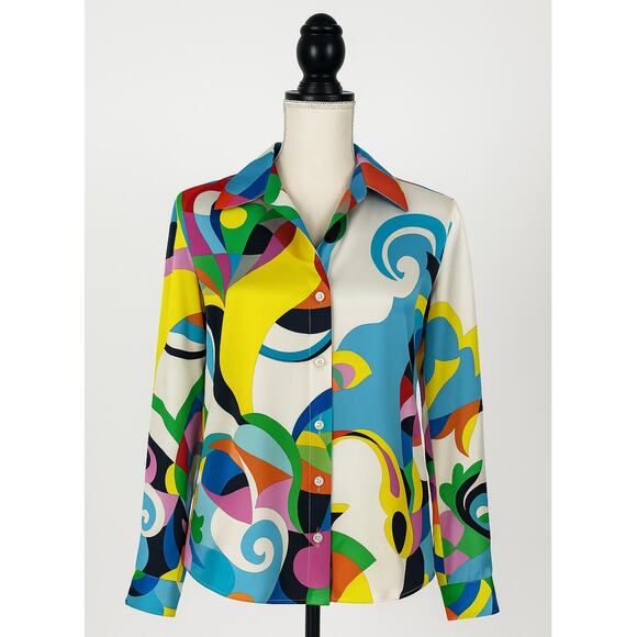 L’AGENCE Tyler Silk Charmeuse Blouse Multi Kaleidoscope Size Small - Picture 3 of 13
